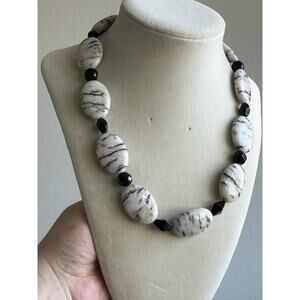 Vintage Zebra Jasper Stone Necklace Oval Beads 18”